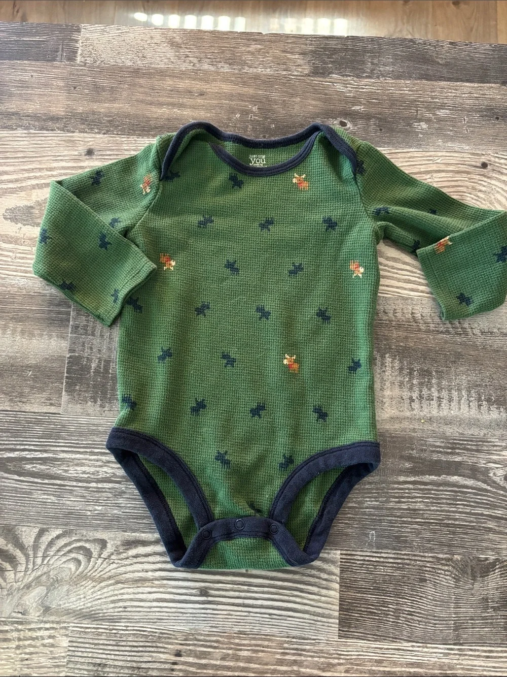 Winter moose Green Long-Sleeve Baby One-Piece with Navy Trim